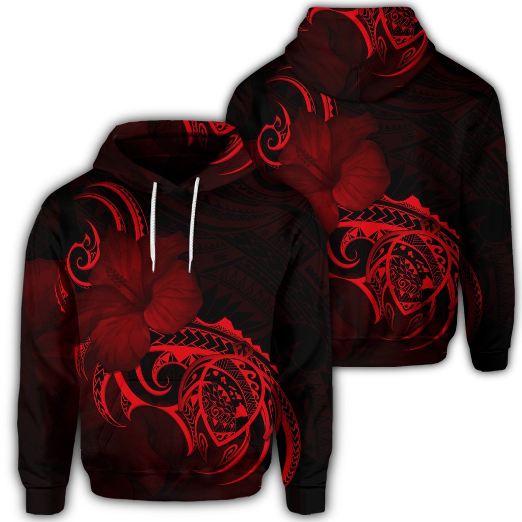 Hawaiian Map Turtle Hibiscus Divise Polynesian Red Hoodie Unisex Art - Polynesian Pride