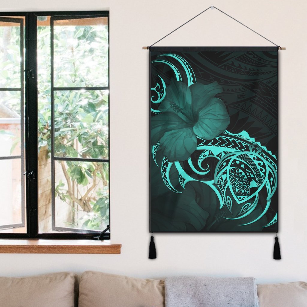 Hawaii Map Turtle Hibiscus Divise Polynesian Hanging Poster Turquoise - AH - Polynesian Pride