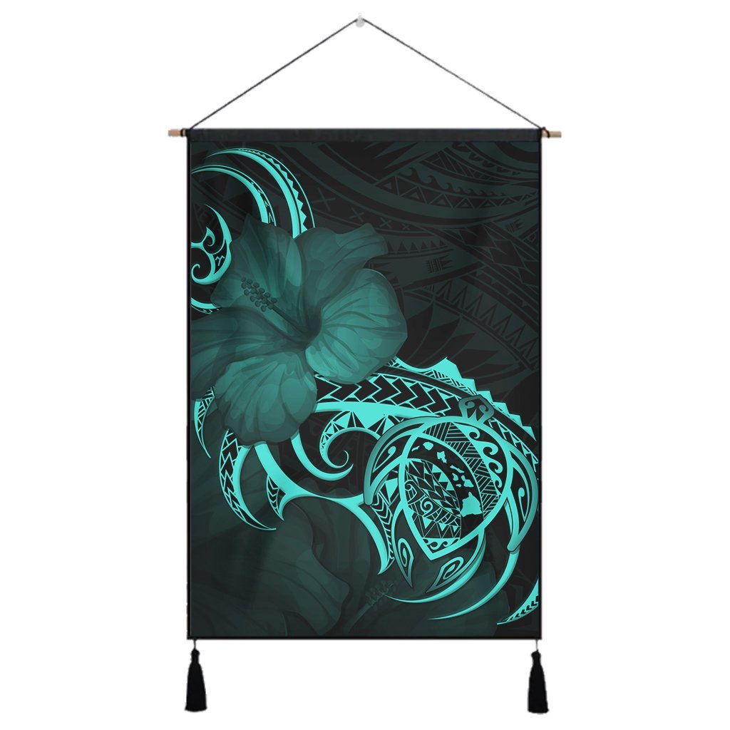 Hawaii Map Turtle Hibiscus Divise Polynesian Hanging Poster Turquoise - AH Hanging Poster Cotton And Linen - Polynesian Pride