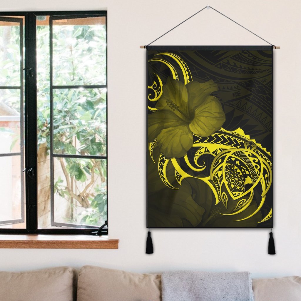 Hawaii Map Turtle Hibiscus Divise Polynesian Hanging Poster Yellow - AH - Polynesian Pride