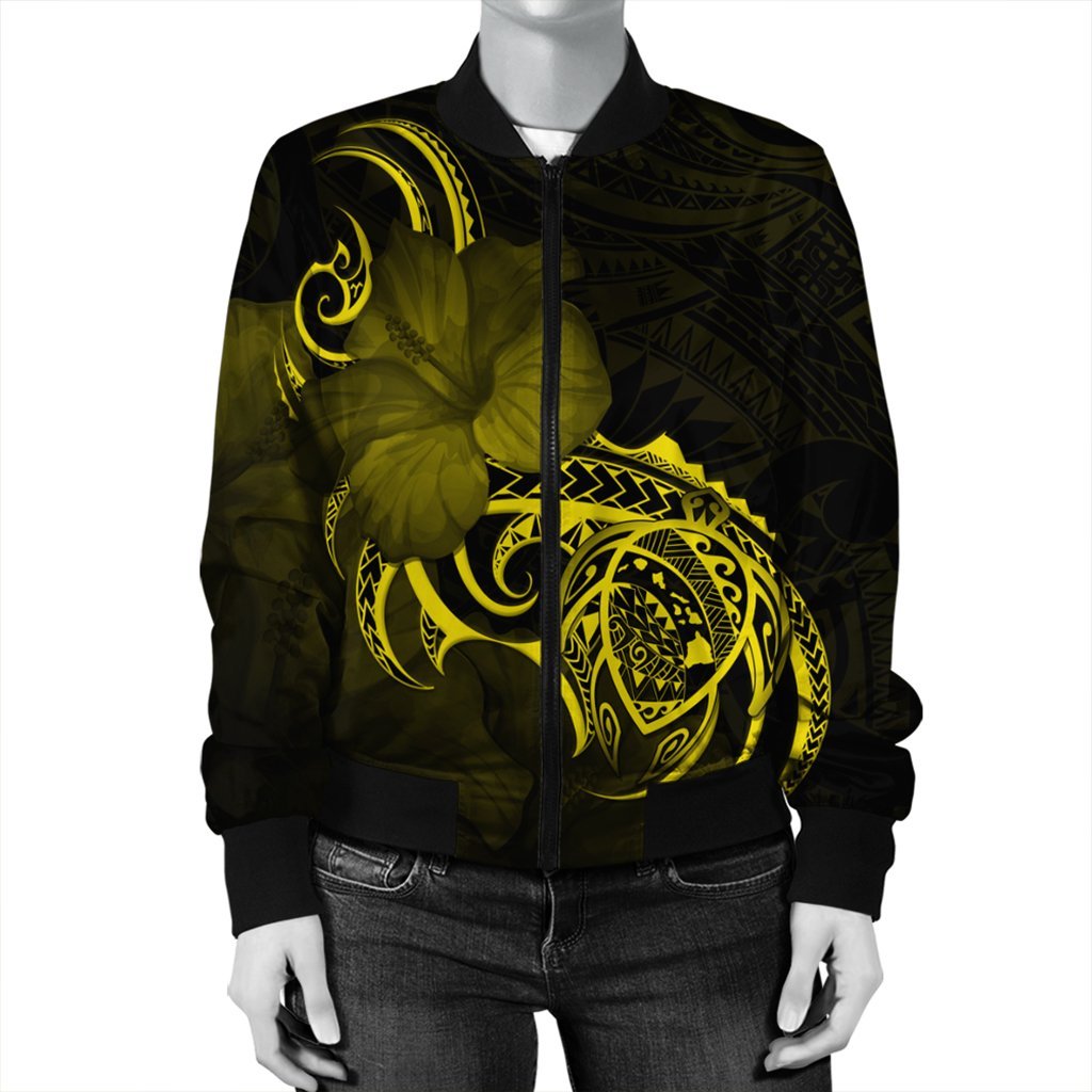 Hawaii Map Turtle Hibiscus Divise Polynesian Bomber Jacket Yellow - AH - Polynesian Pride