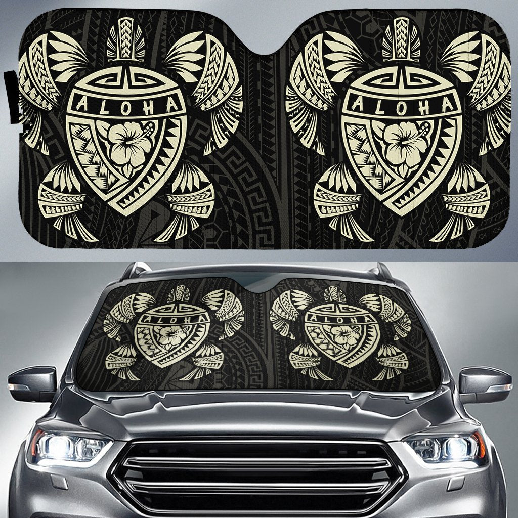 Hawaii Map Turtle Ohana Hibiscus Kakau Polynesian Car Sun Shade Auto Sun Shade Universal Fit Beige - Polynesian Pride