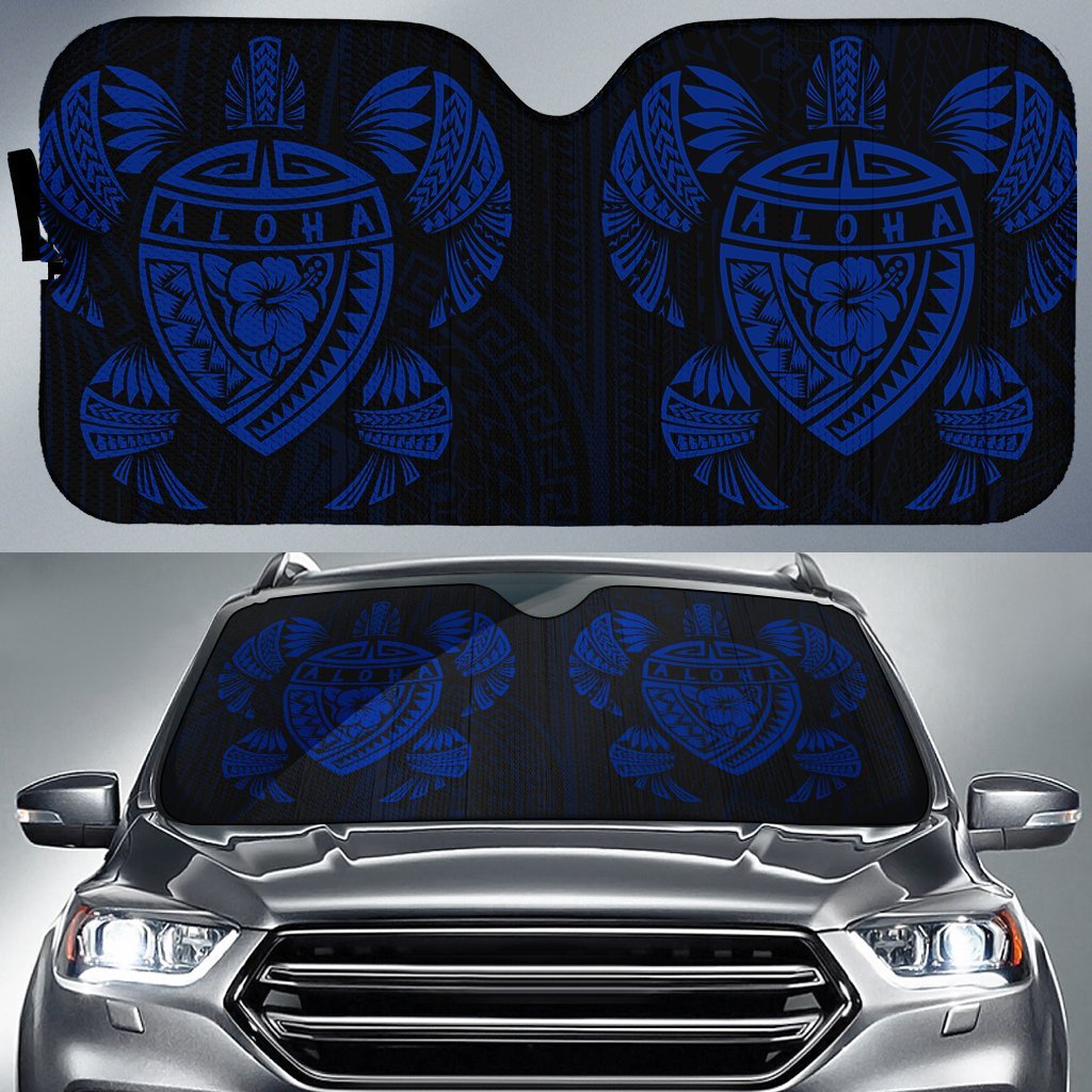 Hawaii Map Turtle Ohana Hibiscus Kakau Polynesian Car Sun Shade Auto Sun Shade Universal Fit Blue - Polynesian Pride