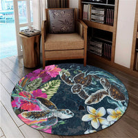 Hawaii Map Turtle Swimming Hibiscus Plumeria Moana Round Carpet - AH - Polynesian Pride