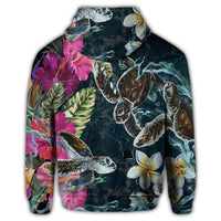 Hawaii Map Turtle Swimming Hibiscus Plumeria Moana Zip Hoodie - Polynesian Pride