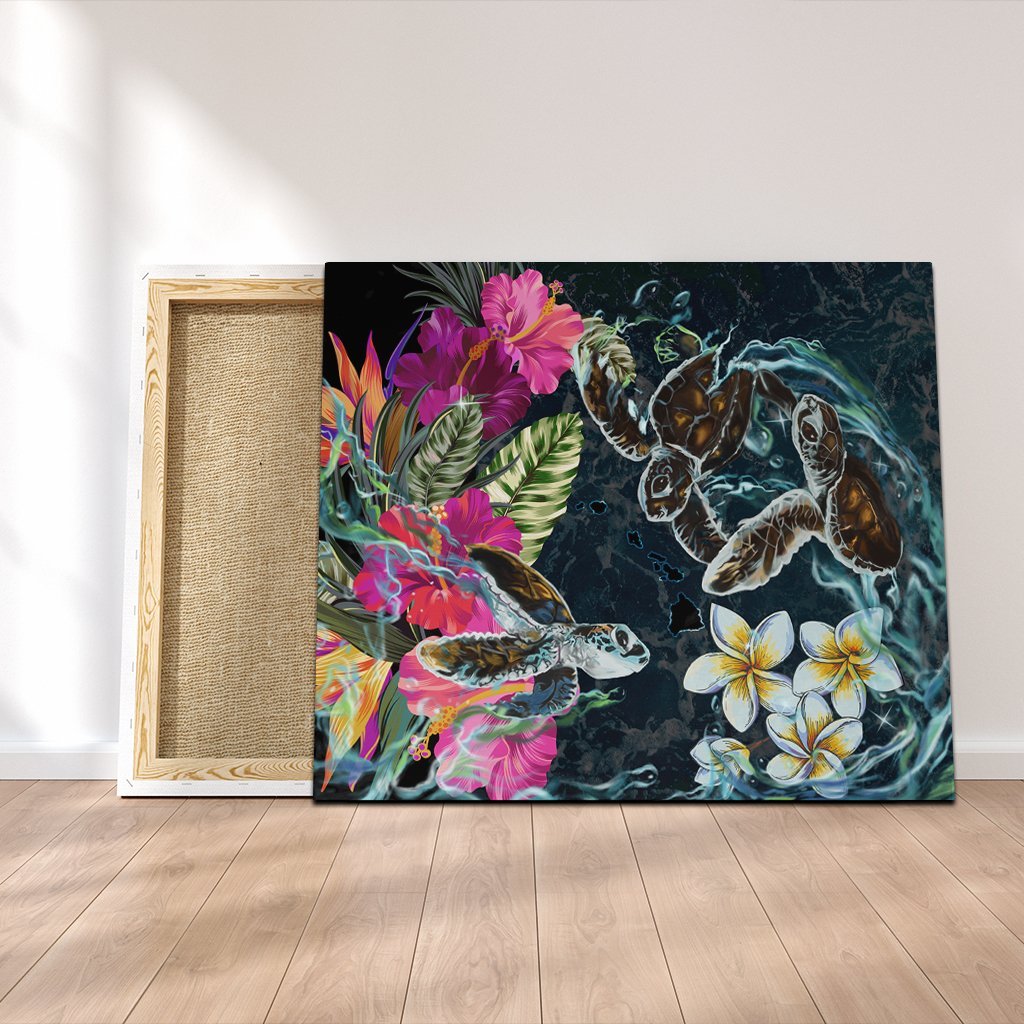 Hawaii Map Turtle Swimming Hibiscus Plumeria Moana Canvas - AH Canvas Poly-cotton - Polynesian Pride