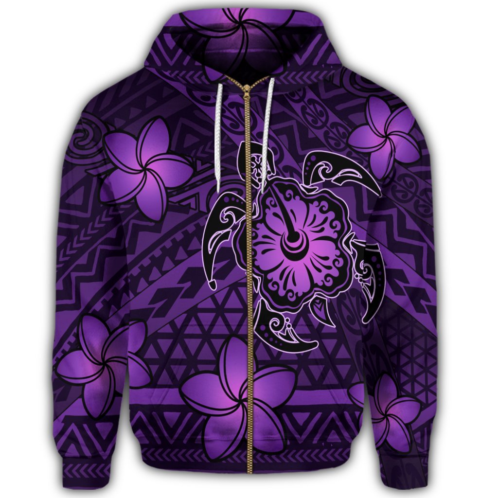 Hawaii Mix Polynesian Turtle Plumeria Zip Hoodie Nick Style Purple - Polynesian Pride