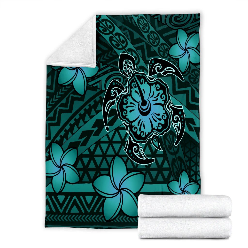 Hawaii Mix Polynesian Turtle Plumeria Premium Blankets - AH - Nick Style - Turquoise - Polynesian Pride
