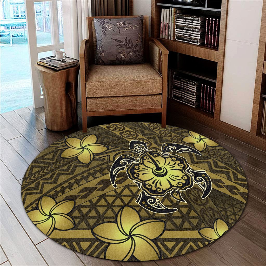 Hawaii Mix Polynesian Turtle Plumeria Round Carpet - AH - Nick Style - Yellow - Polynesian Pride