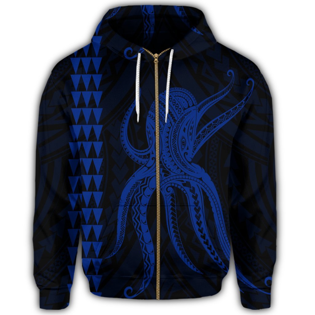 Hawaii Octopus KaKau Polynesian Zip Hoodie Blue - Polynesian Pride