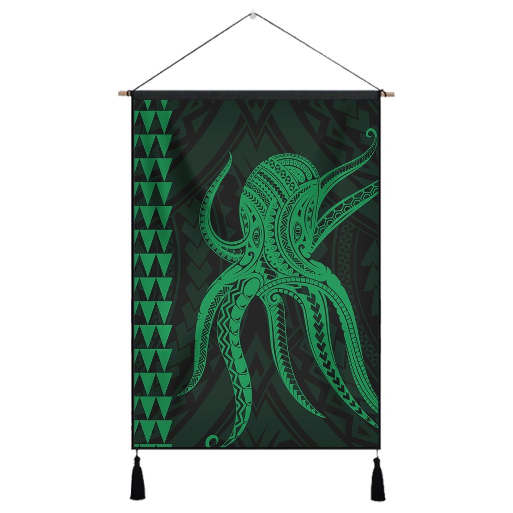 Hawaii Octopus KaKau Polynesian Hanging Poster - Green - AH Hanging Poster Cotton And Linen - Polynesian Pride