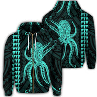 Hawaii Octopus KaKau Polynesian Zip Hoodie Turquoise Unisex Art - Polynesian Pride