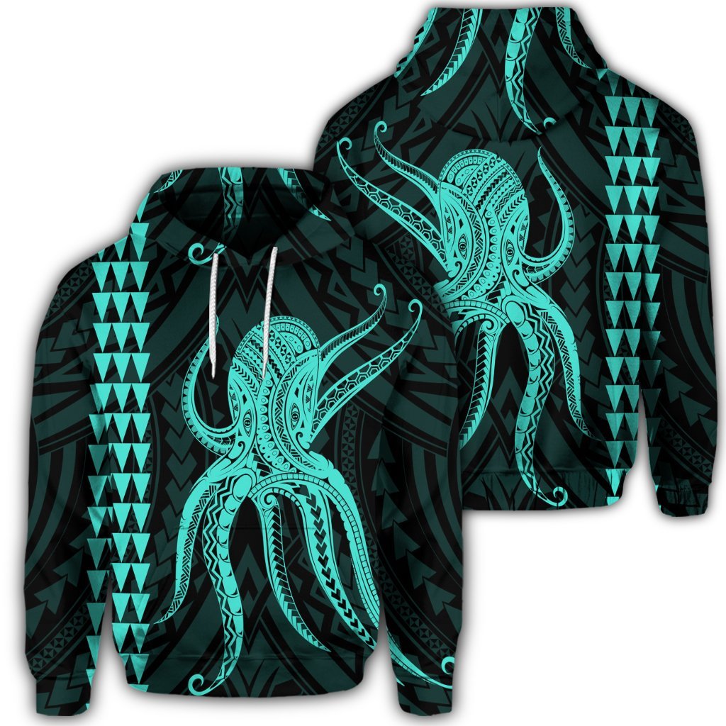 Hawaiian Octopus KaKau Polynesian Hoodie Turquoise Unisex Art - Polynesian Pride