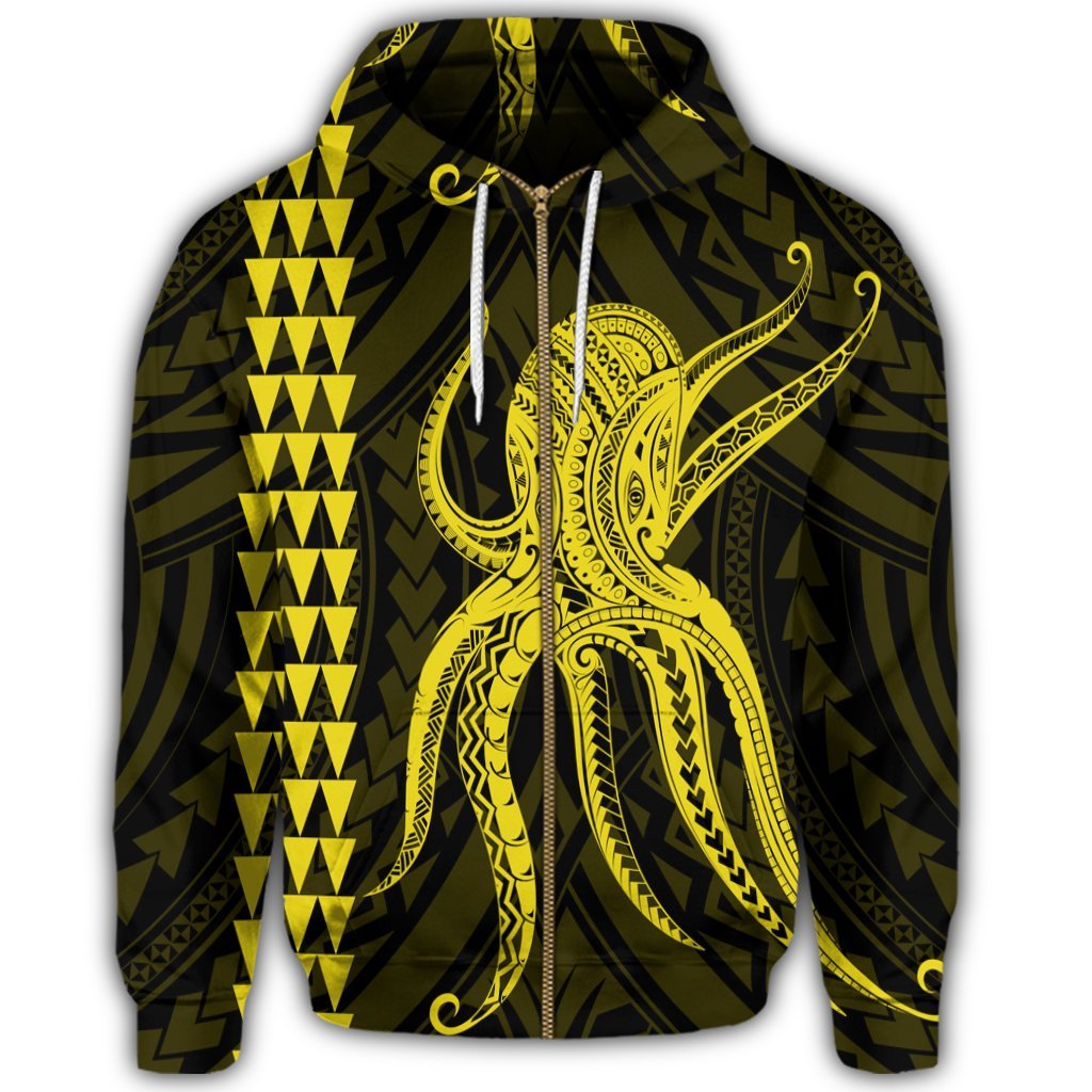Hawaii Octopus KaKau Polynesian Zip Hoodie Yellow - Polynesian Pride