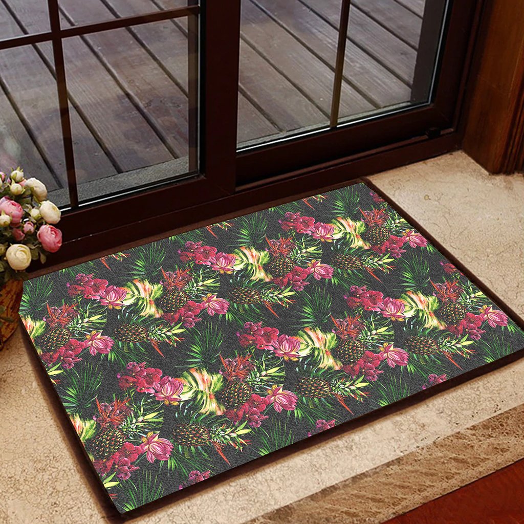 Hawaii Palm Leaves Pineapples Jungle Leaf Hawaii Door Mat Door Mat Black - Polynesian Pride
