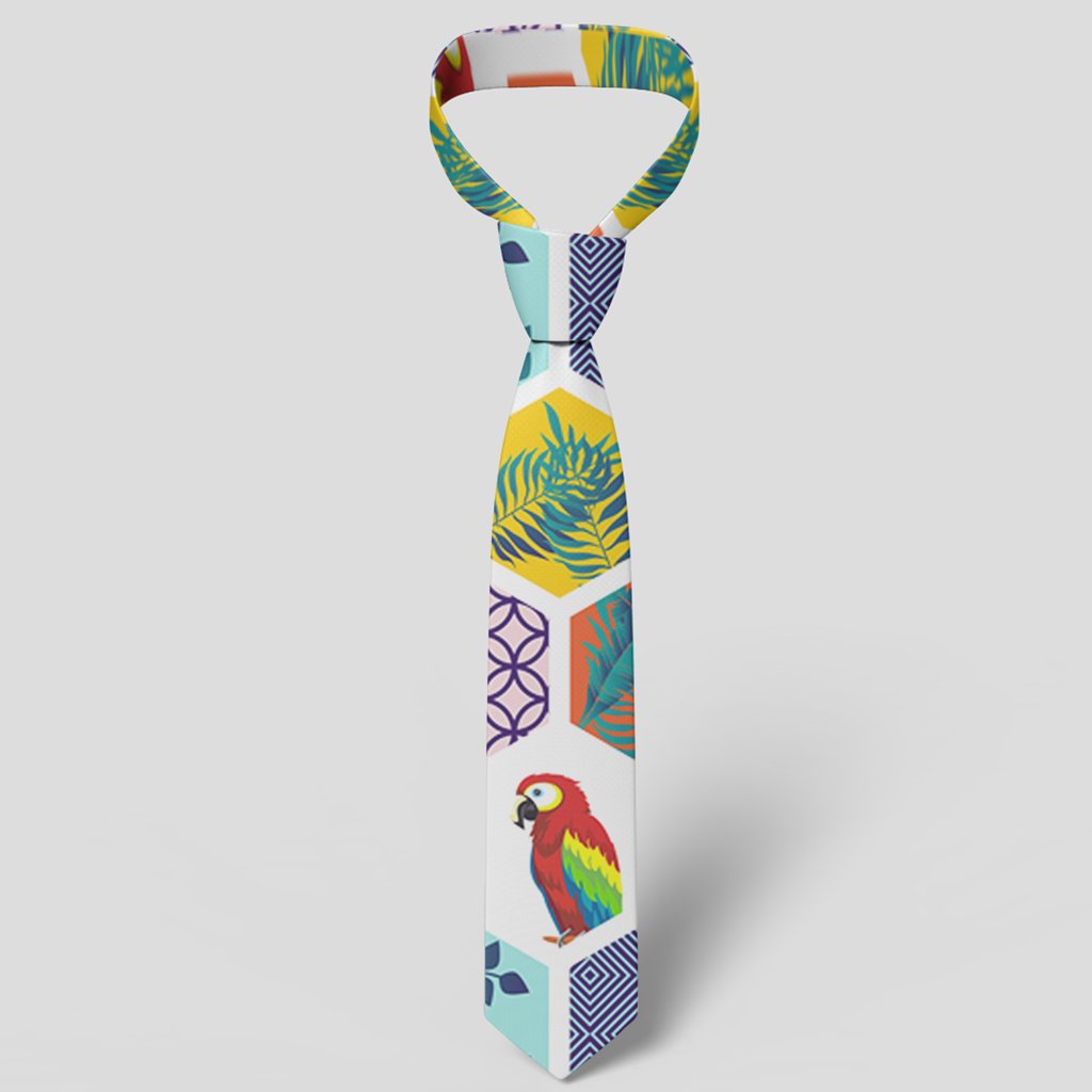 Hawaii Parrot Toucans Hummingbird Flamingo tropical Leaves Necktie - Polynesian Pride