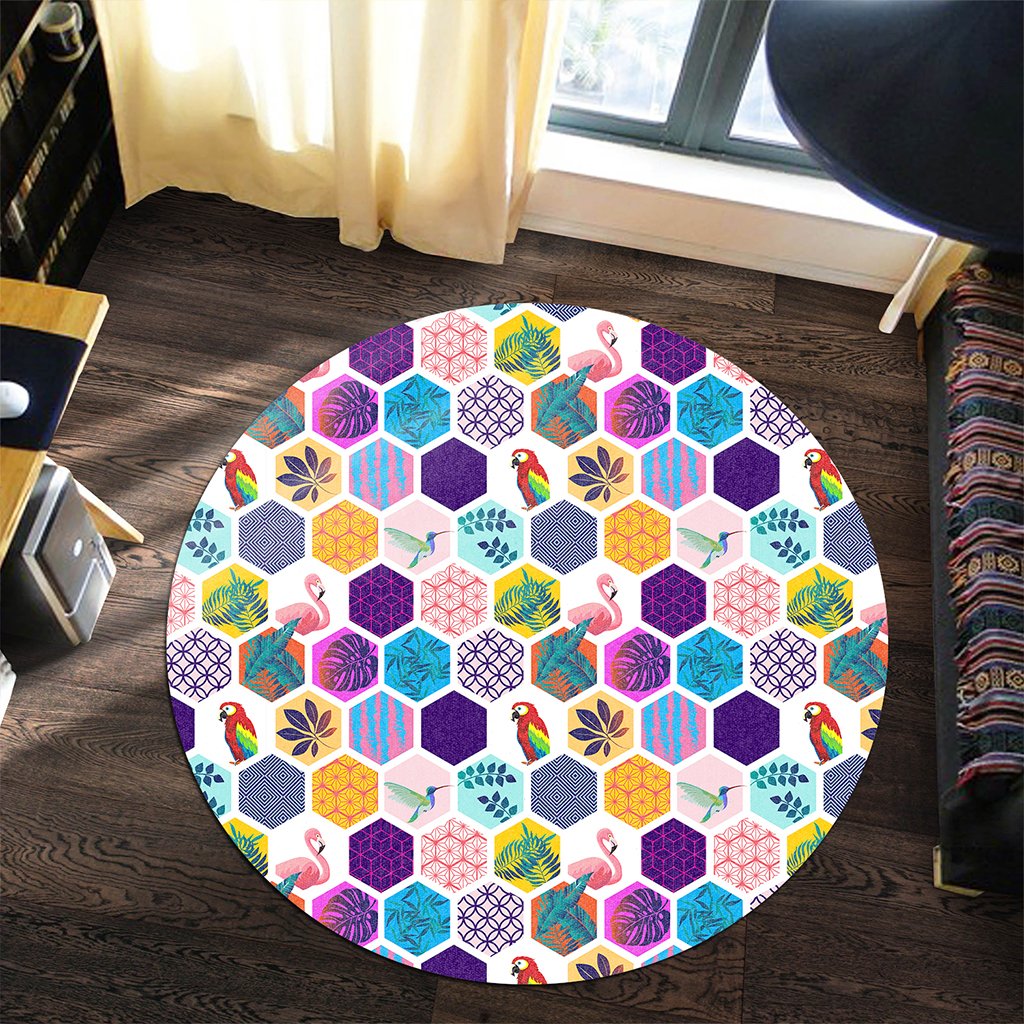 Hawaii Parrot Toucans Hummingbird Flamingo tropical Leaves Round Carpet - AH - Polynesian Pride