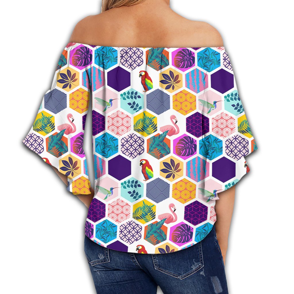 Hawaii Parrot Toucans Hummingbird Flamingo tropical Leaves Women's Off Shoulder Wrap Waist Top - AH - Polynesian Pride