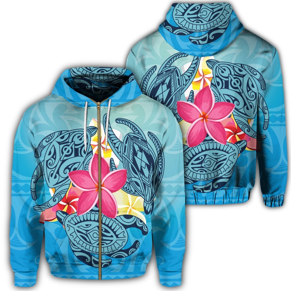 Hawaii Plumeria Deep Sea Circle Turtle Zip Hoodie Unisex Art - Polynesian Pride