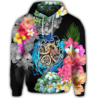 Hawaiian Plumeria Hibiscus Wave Turtle Hoodie - Polynesian Pride