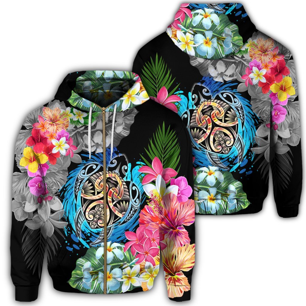 Hawaii Plumeria Hibiscus Wave Turtle Zip Hoodie Unisex Art - Polynesian Pride