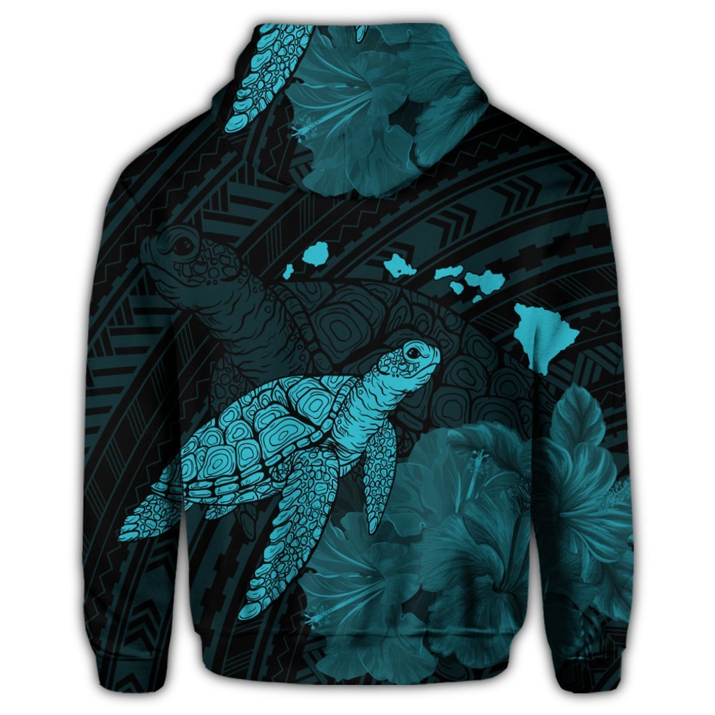 Hawaiian Polynesian Hibiscus Turtle Map Hoodie Blue - Polynesian Pride