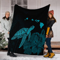 Hawaii Polynesian Hibiscus Turtle Map Premium Blankets Blue - AH - Polynesian Pride