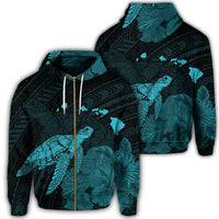 Hawaii Polynesian Hibiscus Turtle Map Zip Hoodie Blue Unisex Art - Polynesian Pride