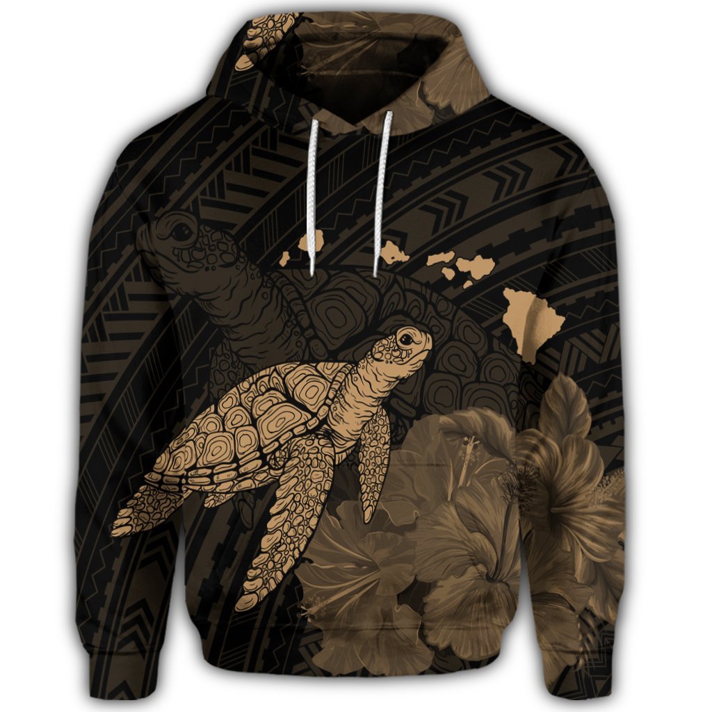 Hawaiian Polynesian Hibiscus Turtle Map Hoodie Gold - Polynesian Pride