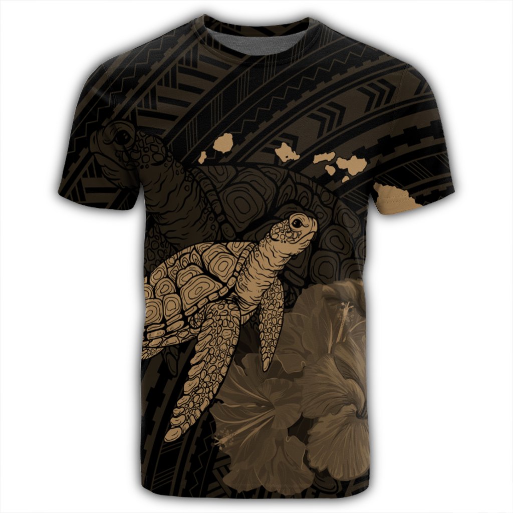 Hawaii Polynesian Hibiscus Turtle Map T Shirt Gold - Polynesian Pride