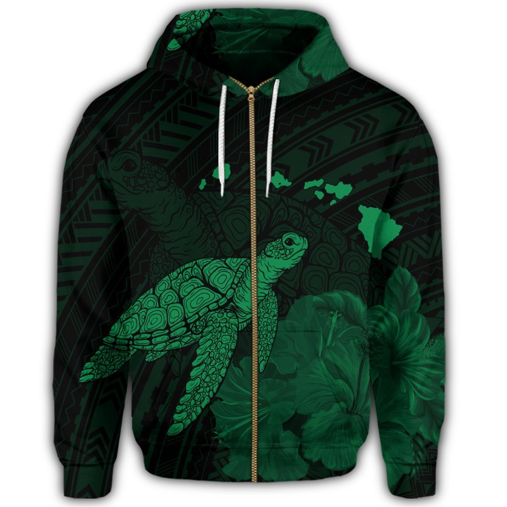 Hawaii Polynesian Hibiscus Turtle Map Zip Hoodie Green - Polynesian Pride