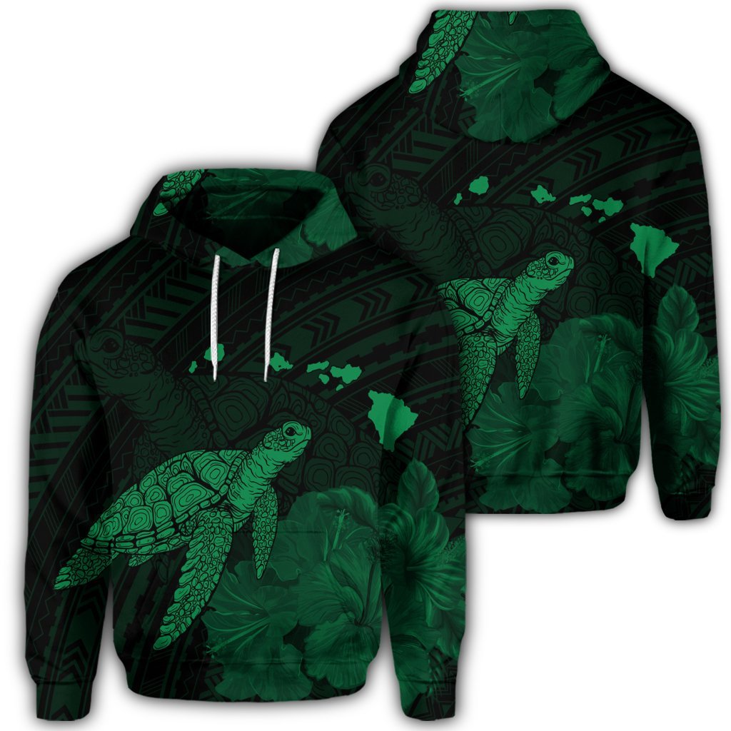 Hawaiian Polynesian Hibiscus Turtle Map Hoodie Green Unisex Art - Polynesian Pride