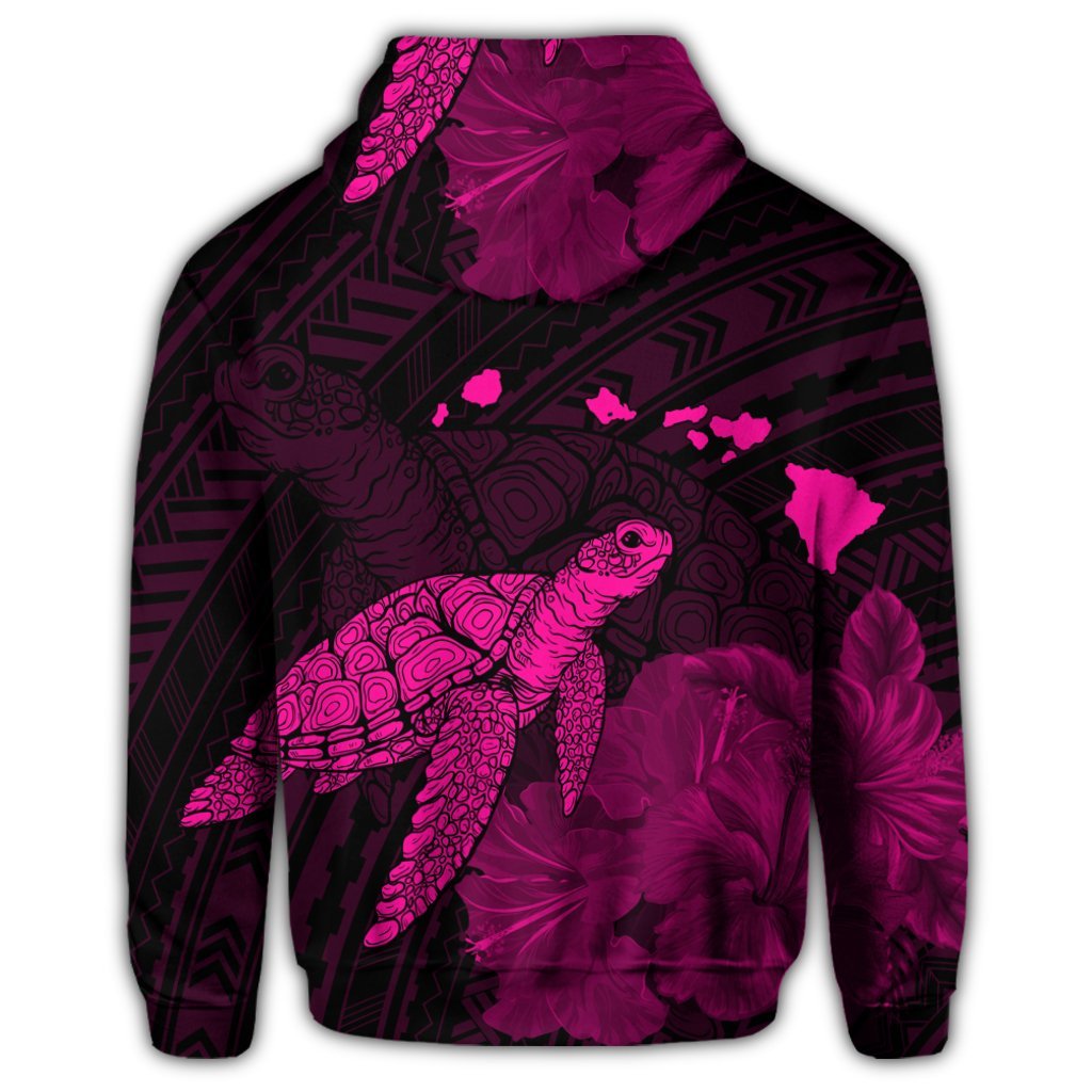 Hawaii Polynesian Hibiscus Turtle Map Zip Hoodie Pink - Polynesian Pride