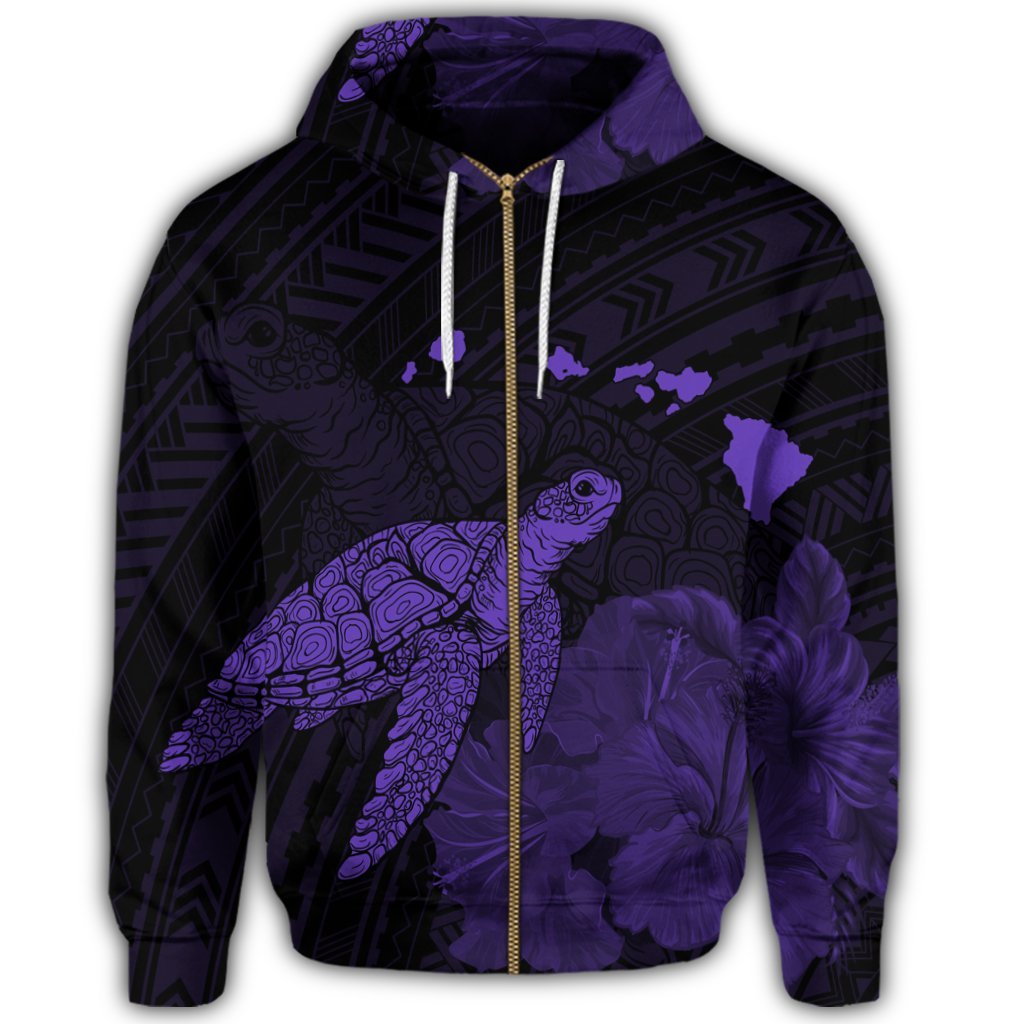 Hawaii Polynesian Hibiscus Turtle Map Zip Hoodie Purple - Polynesian Pride