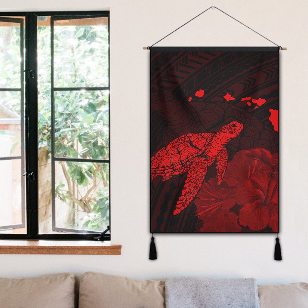 Hawaii Polynesian Hibiscus Turtle Map Hanging Poster Red - AH - Polynesian Pride
