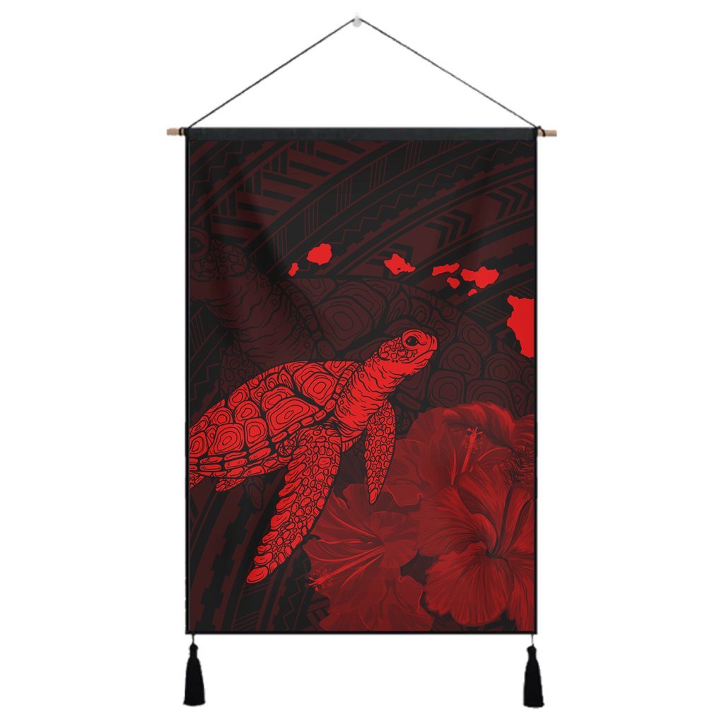 Hawaii Polynesian Hibiscus Turtle Map Hanging Poster Red - AH Hanging Poster Cotton And Linen - Polynesian Pride