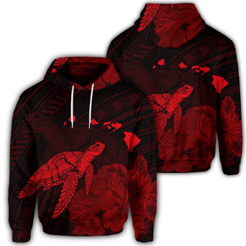 Hawaiian Polynesian Hibiscus Turtle Map Hoodie Red Unisex Art - Polynesian Pride