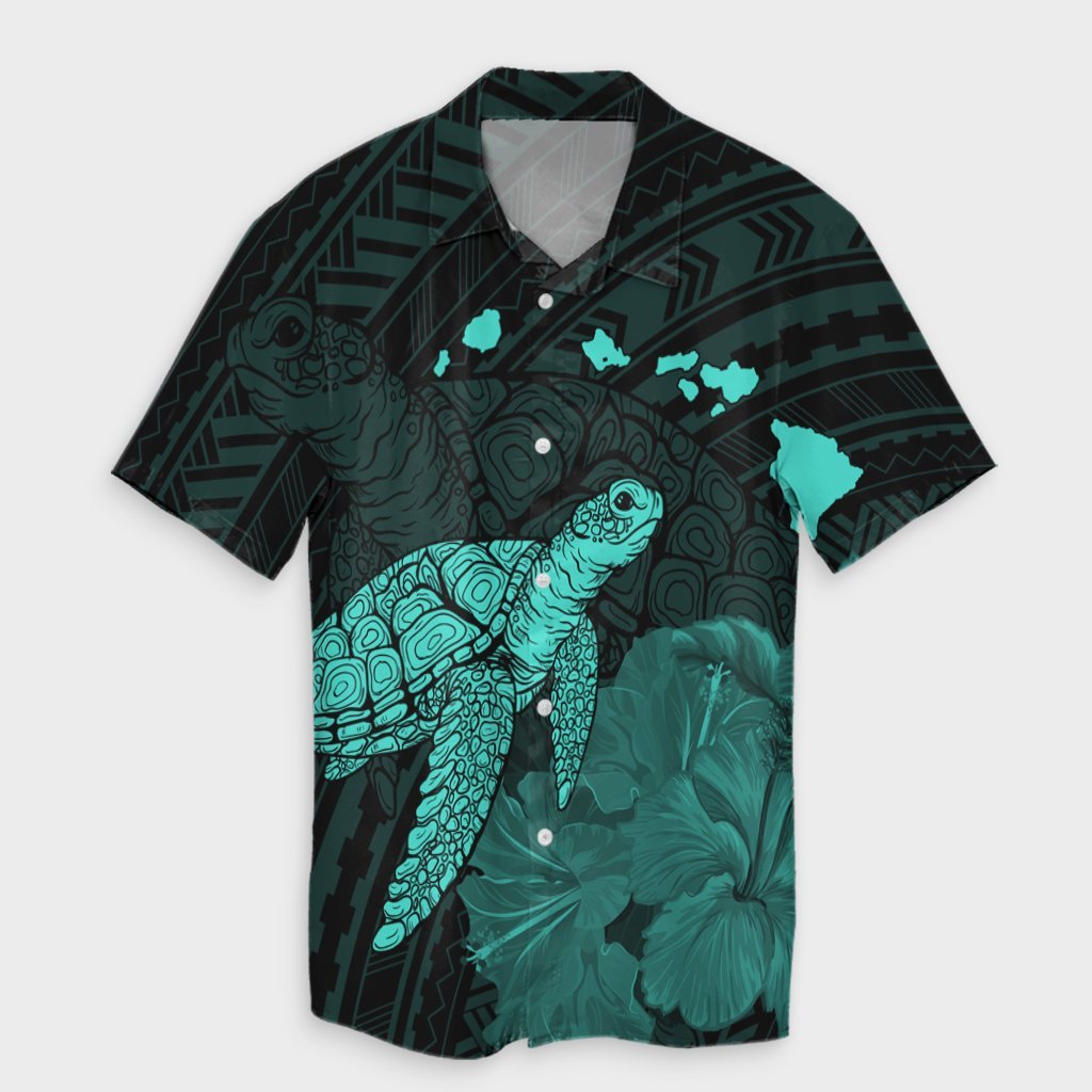 Hawaii Polynesian Hibiscus Turtle Map Hawaiian Shirt Turquoise - AH Unisex Black - Polynesian Pride