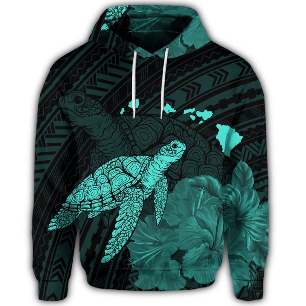 Hawaiian Polynesian Hibiscus Turtle Map Hoodie Turquoise - Polynesian Pride