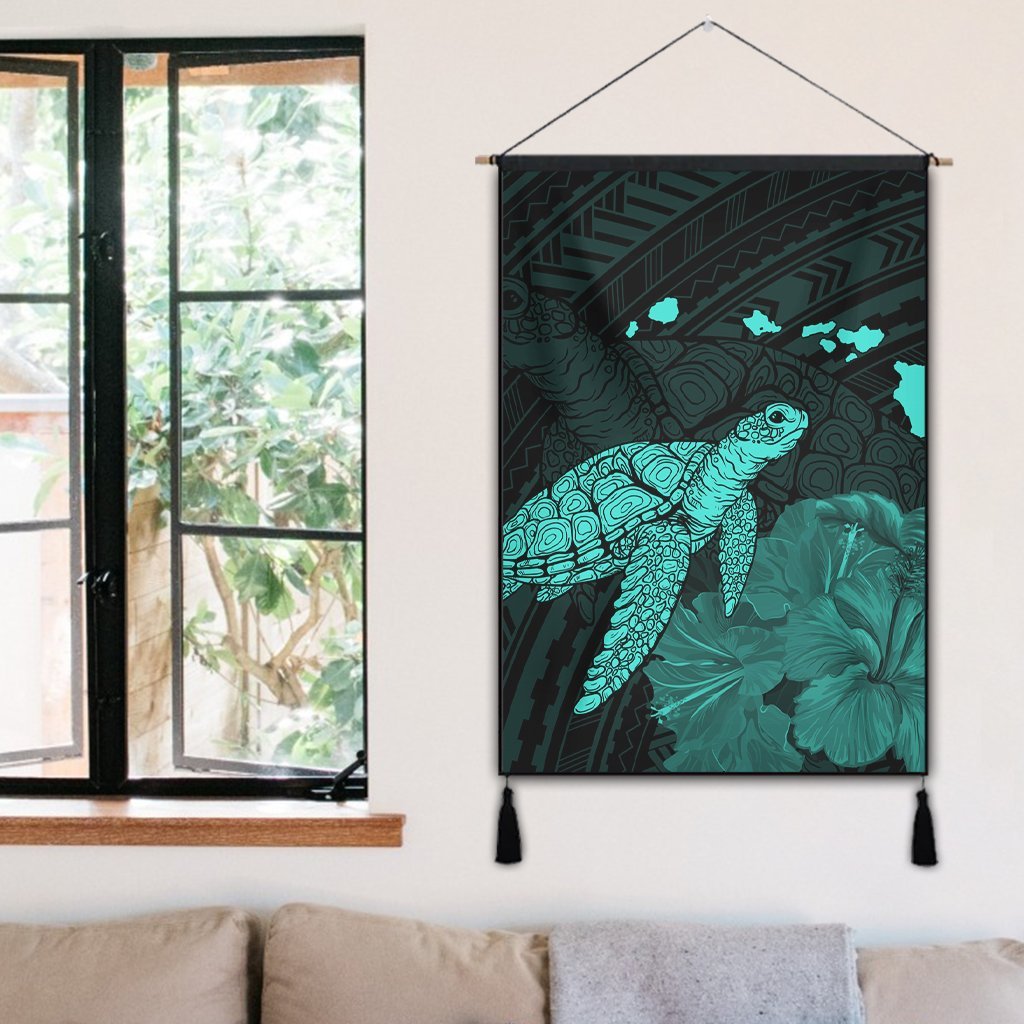 Hawaii Polynesian Hibiscus Turtle Map Hanging Poster Turquoise - AH - Polynesian Pride