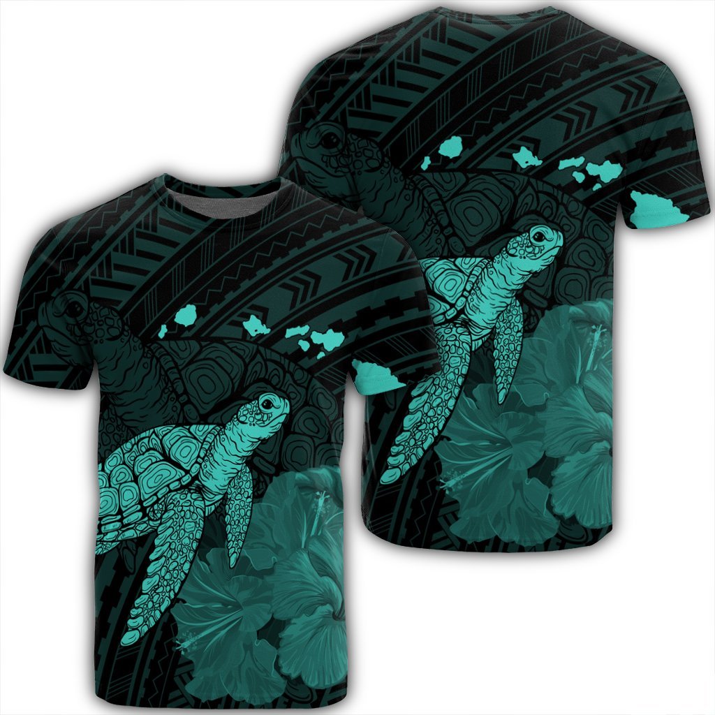 Hawaii Polynesian Hibiscus Turtle Map T Shirt Turquoise Unisex Black - Polynesian Pride