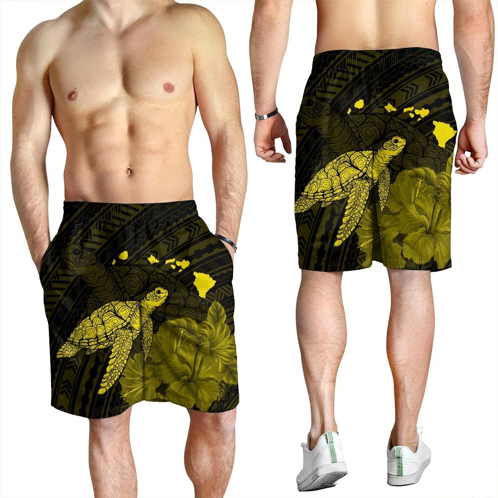 Hawaii Polynesian Hibiscus Turtle Map Men's Shorts Yellow - AH - Polynesian Pride