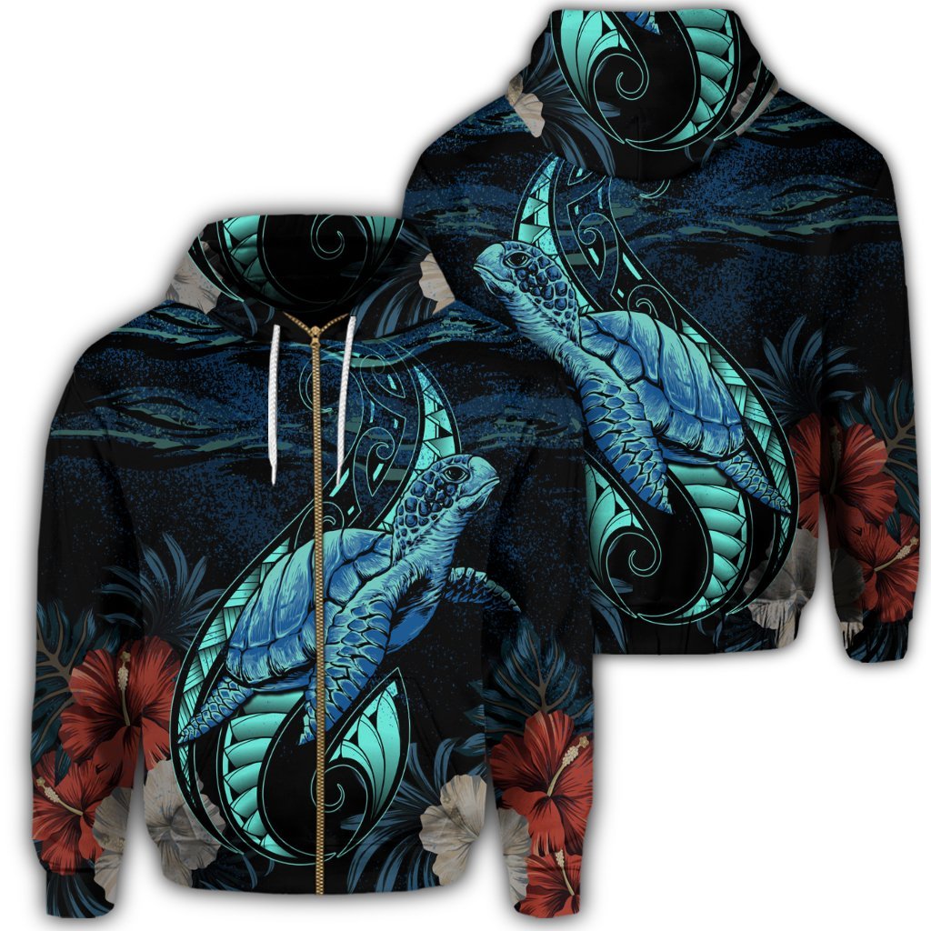 Hawaii Polynesian Honu Sea Hibiscus Zip Hoodie Unisex Art - Polynesian Pride