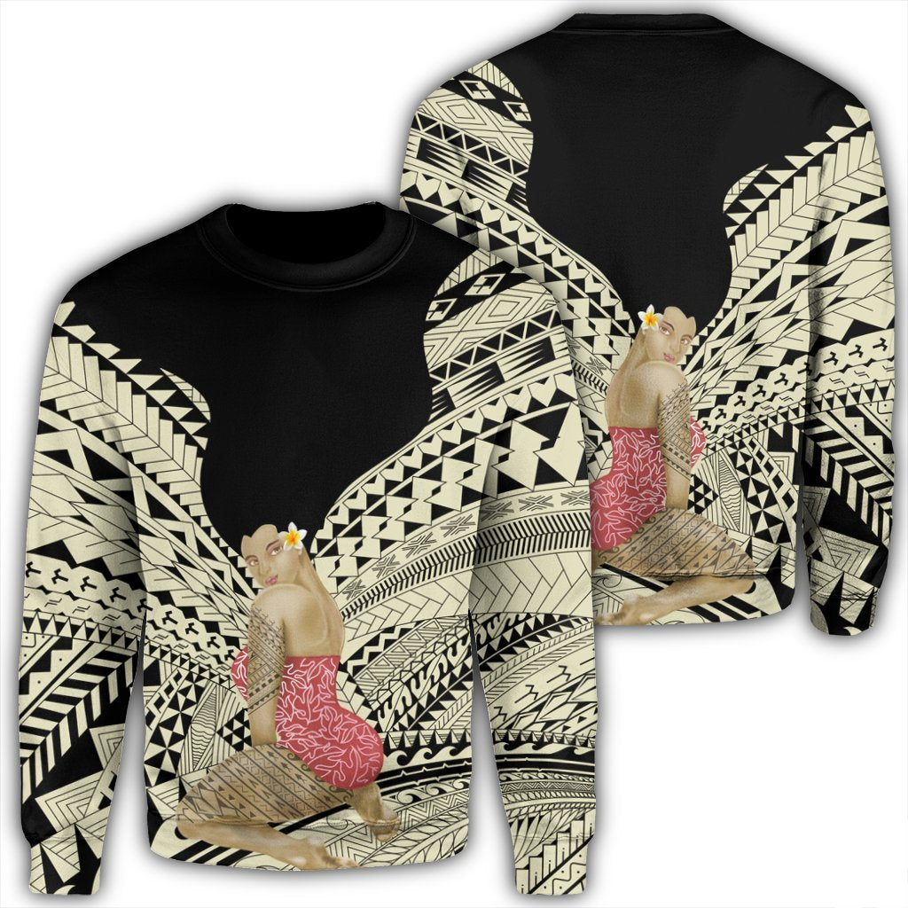 Hawaii Polynesian Hula Girl Wearing Plumeria Sweatshirt - AH Unisex Black - Polynesian Pride