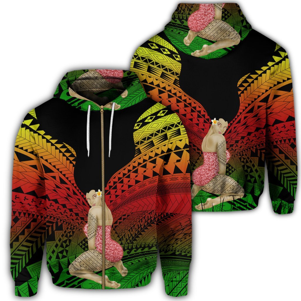 Hawaii Polynesian Hula Girl Wearing Plumeria Zip Hoodie Reggae Unisex Art - Polynesian Pride