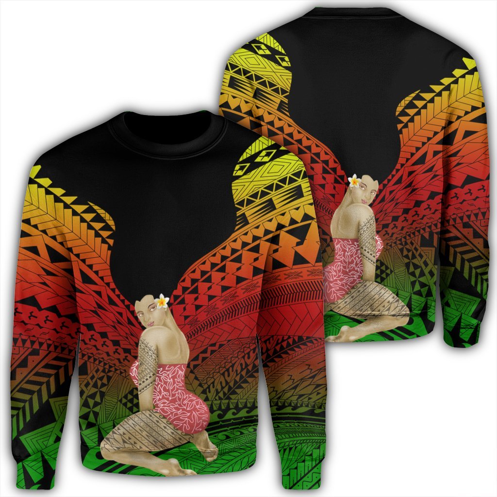 Hawaii Polynesian Hula Girl Wearing Plumeria Sweatshirt Reggae - AH Unisex Black - Polynesian Pride
