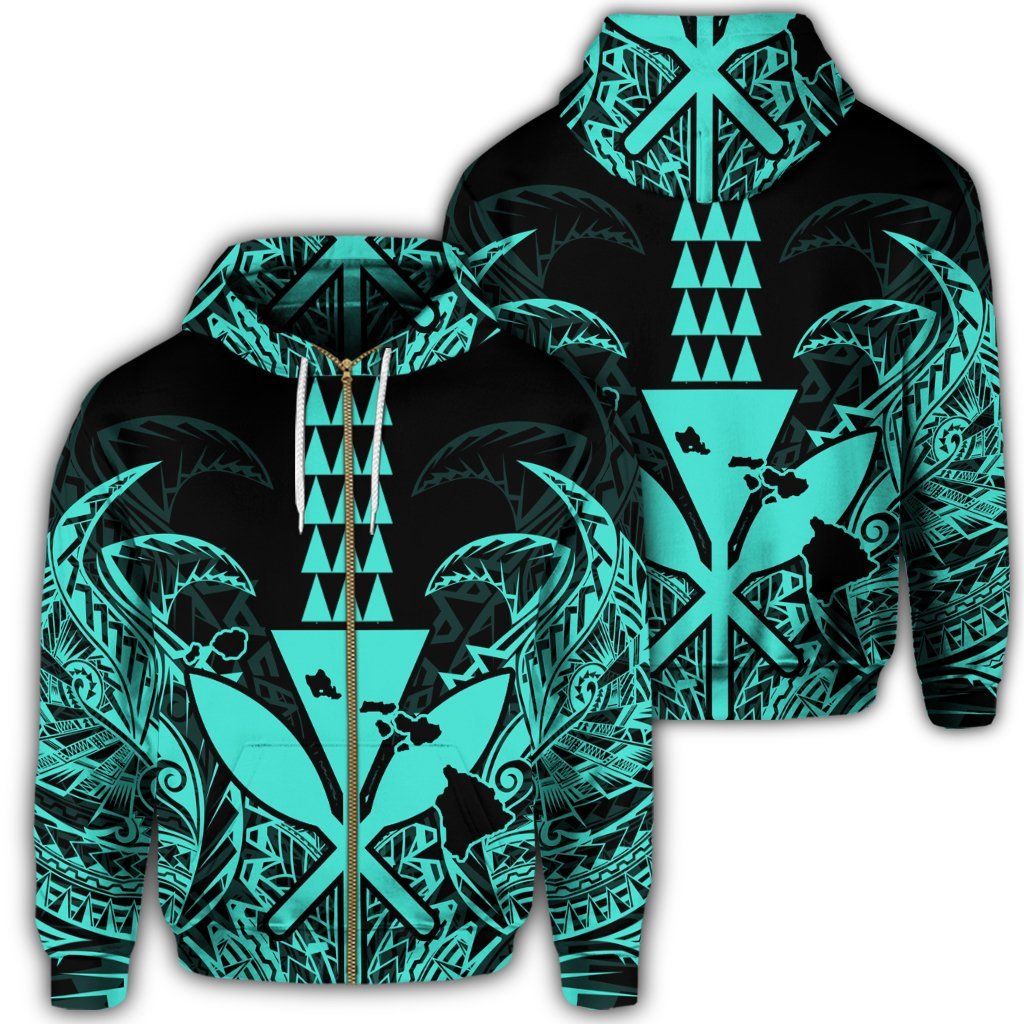 Hawaii Polynesian Zip Hoodie Kanaka Kakau Alan Style Turquoise Unisex Art - Polynesian Pride