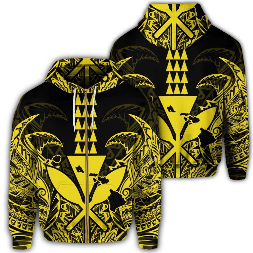 Hawaii Polynesian Zip Hoodie Kanaka Kakau Alan Style Yellow Unisex Art - Polynesian Pride