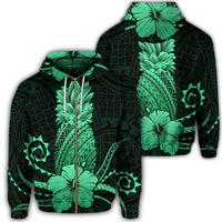 Hawaii Polynesian Zip Hoodie Pineapple Hibiscus Green Unisex Art - Polynesian Pride