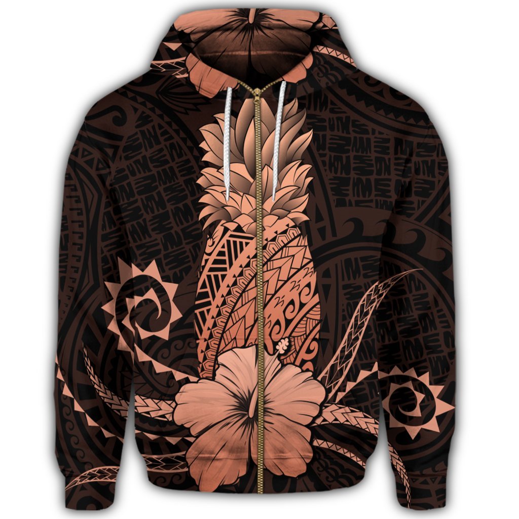 Hawaii Polynesian Zip Hoodie Pineapple Hibiscus Orange - Polynesian Pride
